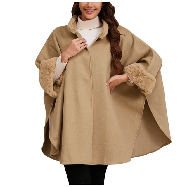 Ladies Vintage Loose Furry Collar Solid Color Windcape Coat - Imitation Wool Cloth - One Size
