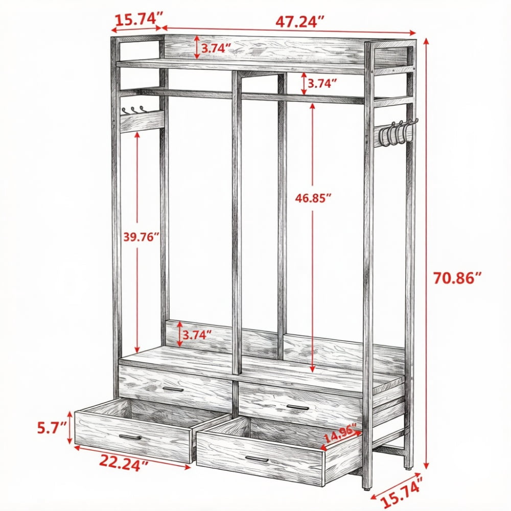 Freestanding Open Wardrobe with 47" Clothing Rod, 4 Drawers & 8 Hooks, Industrial Metal Frame Closet Organizer with Anti-Tip Straps for Bedroom