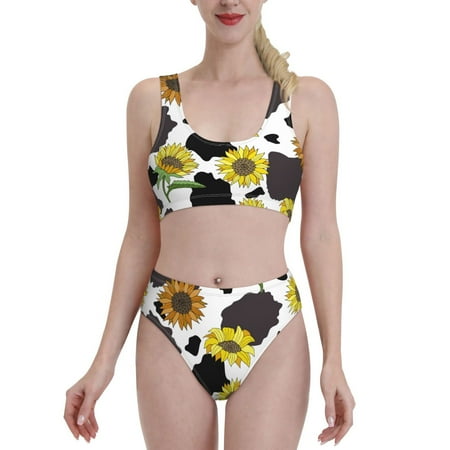 Bixox Black Cow Print Pattern Two-Piece Sports Bikini with U-Shaped Top and High-Waist Bottom - Women s Swimwear with Removable Bra Pads
