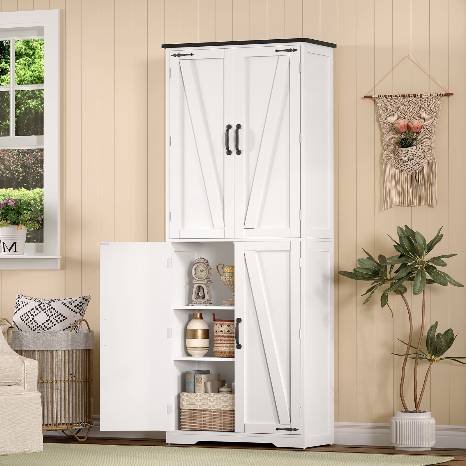 TEENFON 67" Kitchen Pantry Cabinet with 4 Doors, Farmhouse Pantry Cabinet with Adjustable Shelves, Storage Cabinet for Kitchen, Bathroom, White