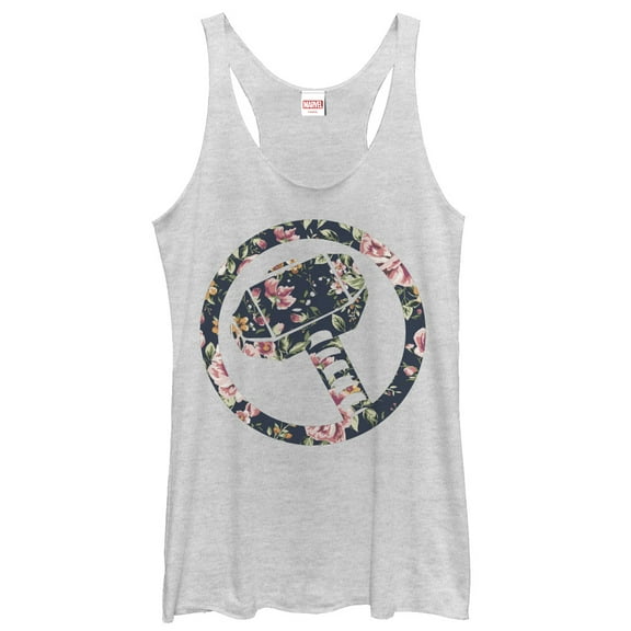 Women's Marvel Hammer Thor Floral Print  Racerback Tank Top White Heather Small