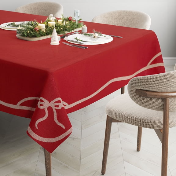 Holiday Bow Jacquard 60" x 84" Tablecloth - 100% Cotton, Red