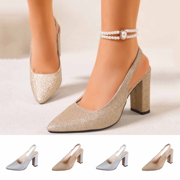 Miluxas Women's Closed Toe Heels Pumps Slingback Heels Chunky Block Heels Low Dress Shoes Comfortable Business office Work Heels Wedding Shoes Silver 9(42)