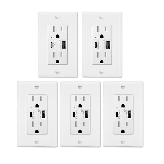 GREENCYCLE 5 Pack High Speed 4.2A USB Type C/A Dual USB Charging Ports 15A Tamper Resistant Receptacle White Duplex Outlets Wall Plates Socket Compatible with iPhone Samsung Smartphones UL Listed