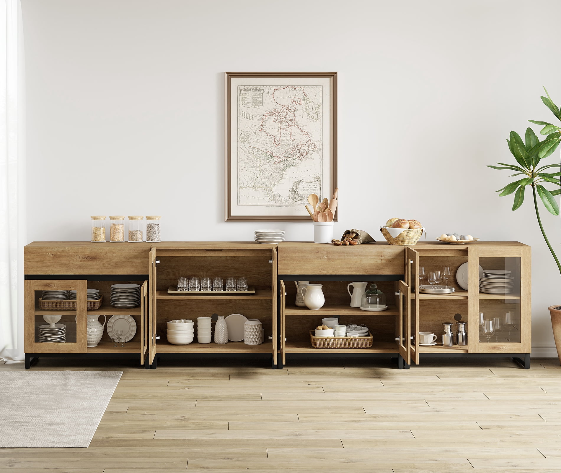 4 In 1 Multifunctional Sideboard Buffet Cabinets With Glass Doors And 2 Drawers, Modern Sideboard Credenza With Adjustable Shelf And Metal Base for Living Room, Kitchen,Oak