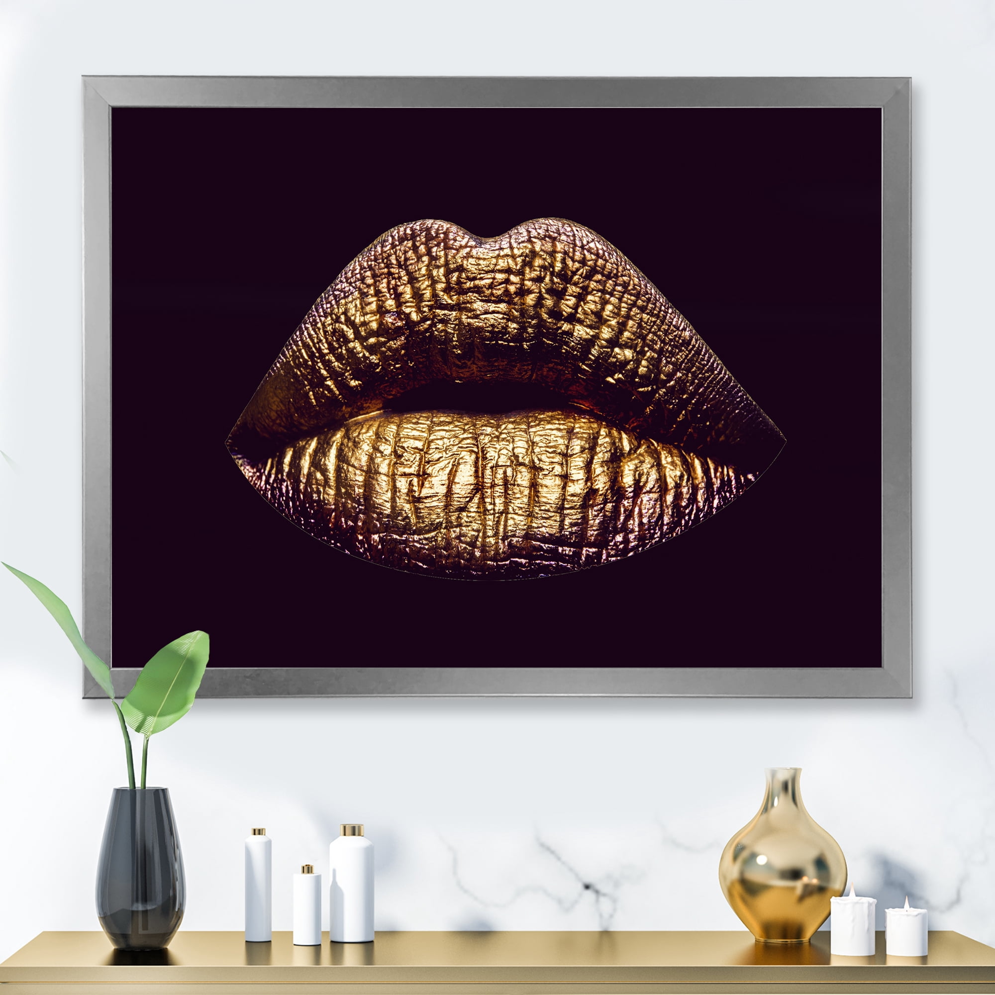 Designart 'Sexy Golden Metallized Woman Lips II' Modern Framed Art Print