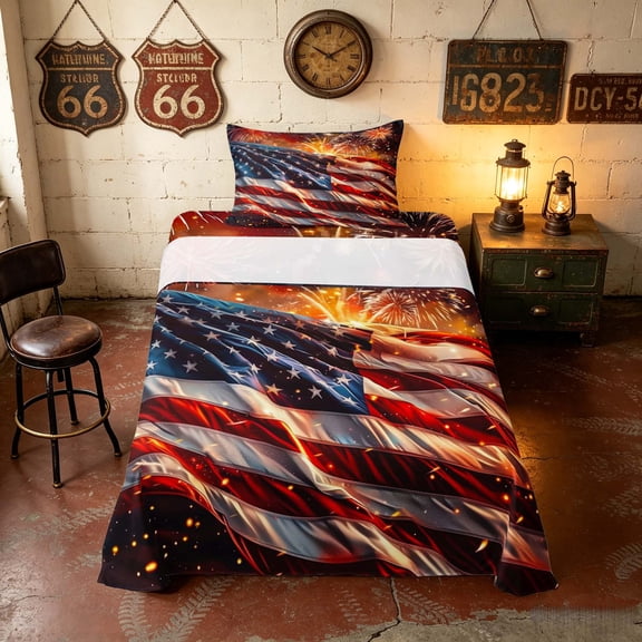 Manfei Realistic American Flag Twin Sheets, Fireworks Bedding, Red White Blue, Black Reversible 3pcs (1 Flat Sheet, 1 Fitted Sheet and 1 Pillowcase)