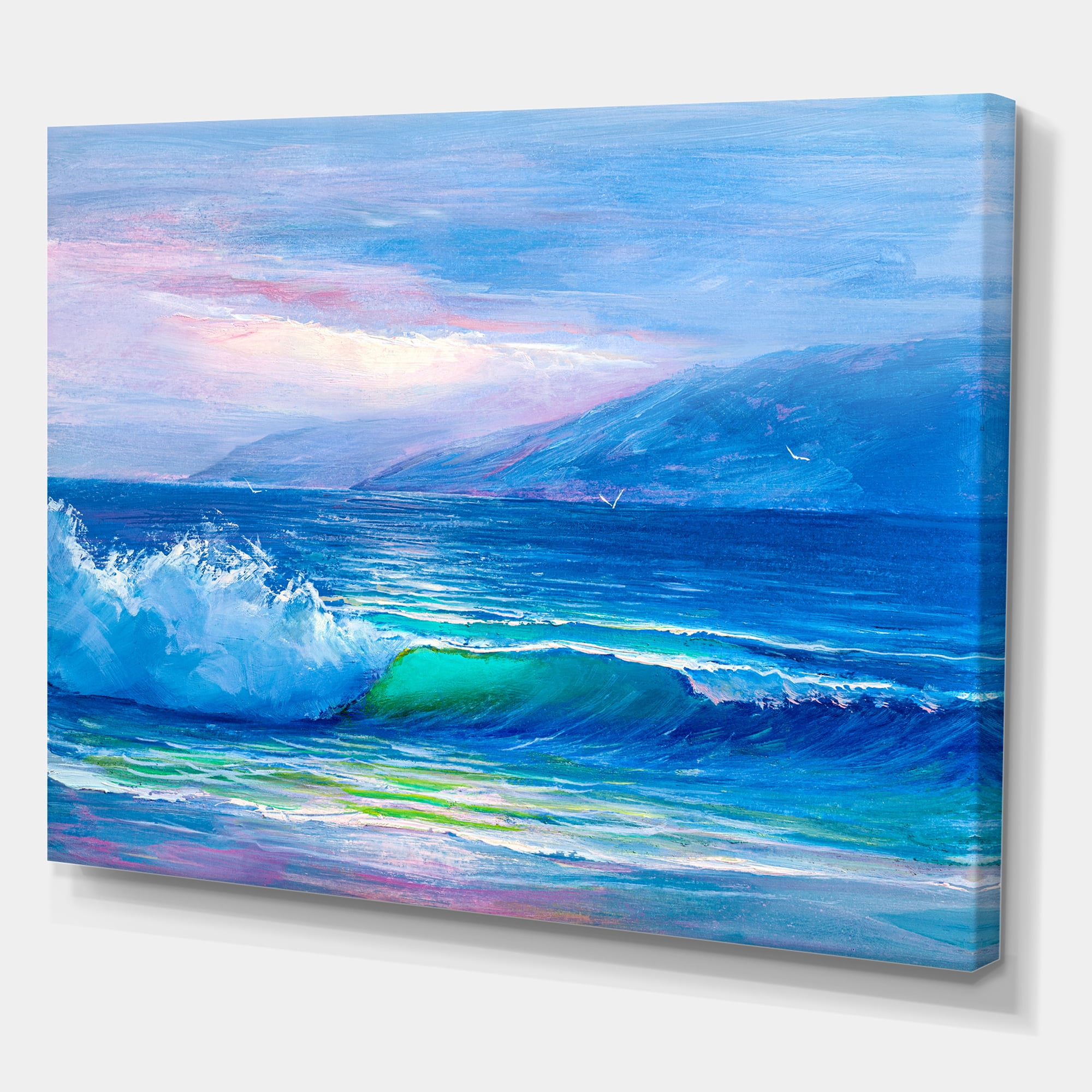 Blue Waves Breaking At The Beach Landscape II 8 in x 12 in Painting Canvas Art Print, by Designart