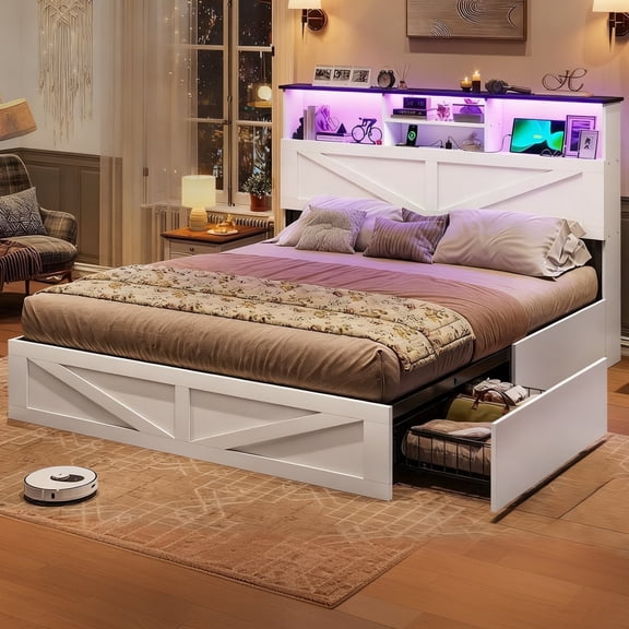 Queen Farmhouse Bed Frame with LED Headboard, 4 Storage Drawers & USB Charging, White