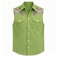 thumbnail image 2 of Shirts for Men Western Cowboy Print Geometric Sleeveless Casual Button Up Top Summer with Double Pockets Breathable Green Shirt, 2 of 4
