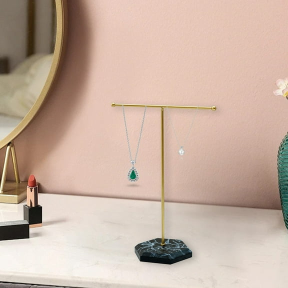 Hxlamzoo Modern Jewelry Stand - T-Shape Metal Display Rack with Wood Base Ideal for Your Organizing Necklaces Bracelets and Earrings