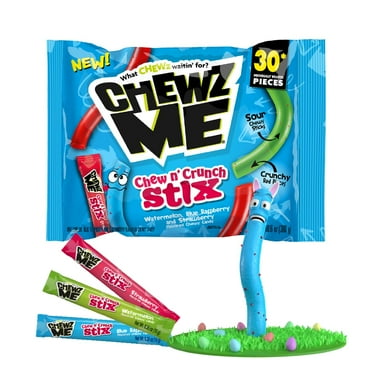 ChewzMe Chew N' Crunch Stix - Tangy Chewy Candy Sticks studded w/Crunchy Pieces - Pack of Individually Wrapped Sour Straws - Assorted Flavored Candies - 10.6 oz bag (Individual Pack) (30 count)