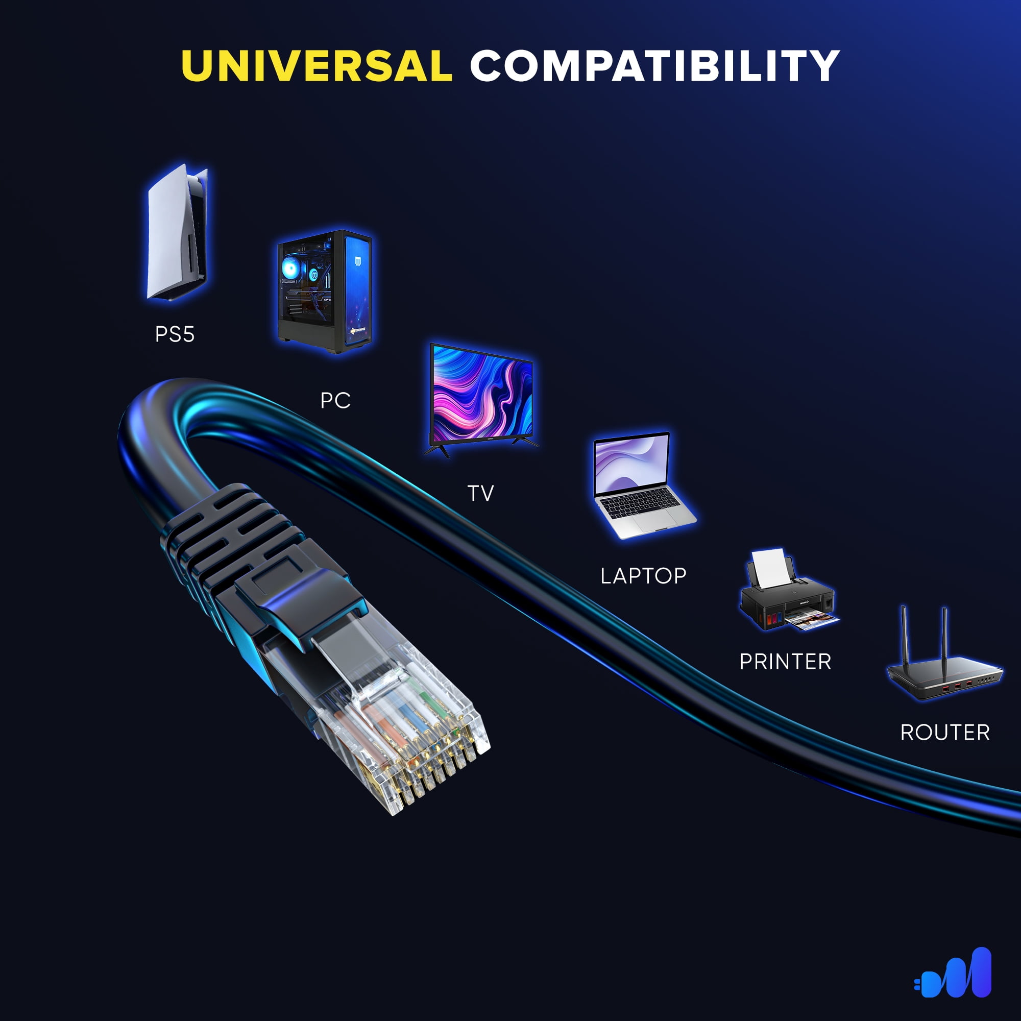 Maximm Cat 6 Ethernet Cable 2 ft (20-Pack) - High-Speed LAN Cable, Internet Cable, Patch Cable, and Network Cable - UTP, 10Gbps, 550MHz Ethernet Cord - Black