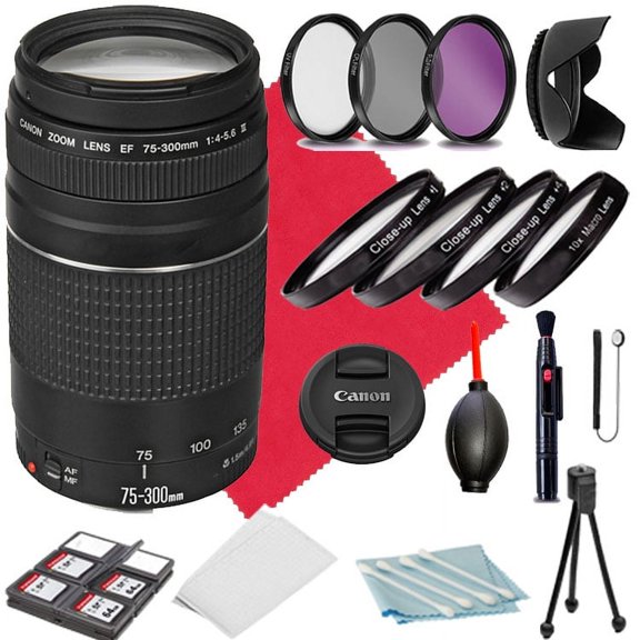 Canon EF 75-300mm F/4-5.6 III Lens Kit: Hood, Macro Lenses, Cleaning Set, Filters