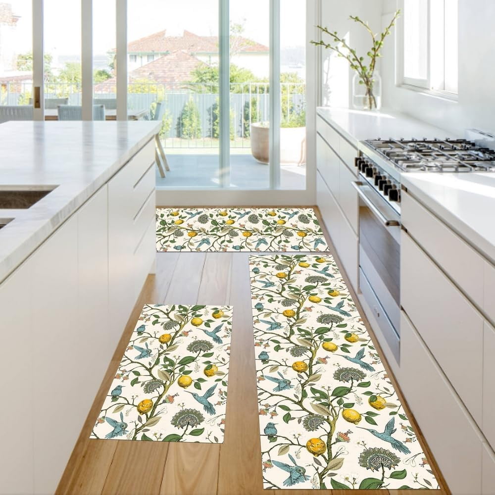 Lemon Tree Floral Hummingbird Kitchen Rugs Sets of 3,Non Slip Rubber Kitchen Mats for Floor Farmhouse Washable Kitchen Area Rugs Floor Carpet Runners for Hallway Laundry Room,Yellow/Green