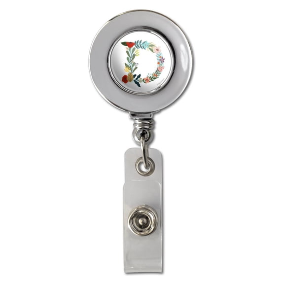 Letter D Floral Monogram Initial Retractable Reel Chrome Badge ID Card Holder Clip
