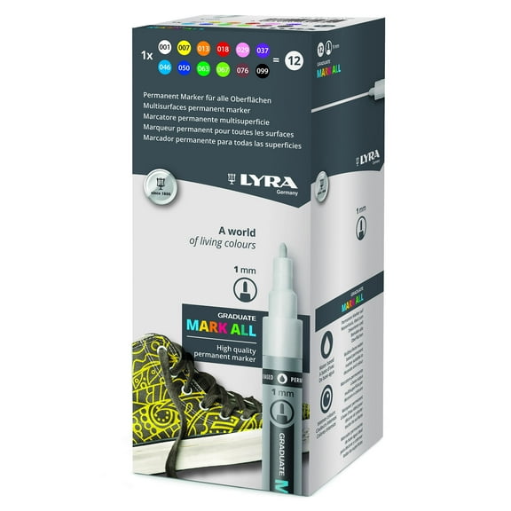 Lyra Graduate Mark All Permanent Paint Markers Set, Assorted Colors, 1mm Small Tip, 12 Piece, 1 Count
