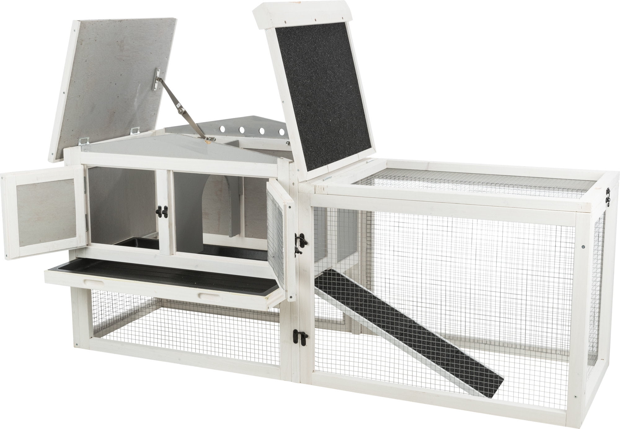 TRIXIE Weatherproof Outdoor 2-Story Wooden Small Animal Hutch with Large Run & Tray, Gray