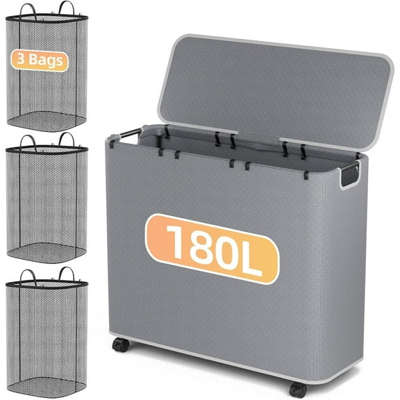 Yecaye 180L Laundry Basket With Wheels and Lid, Large Laundry Hamper with Removable 3 Bags, 3 Section Rolling Clothes Hamper, Gray
