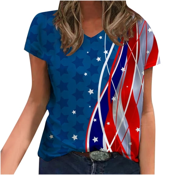 USSUMA Women's Tops Dressy Casual Summer Blouse Independence Day Patriotic Short Sleeve T-Shirts for Women Trendy 4th of July USA Flag V Neck Womens Tunic Top Shirt Summer Beach