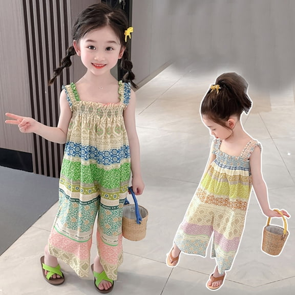 Baby Girl Pants Kids Strapless Floral Print Wide Leg Romper Jumpsuit Summer Green 3-4 Years