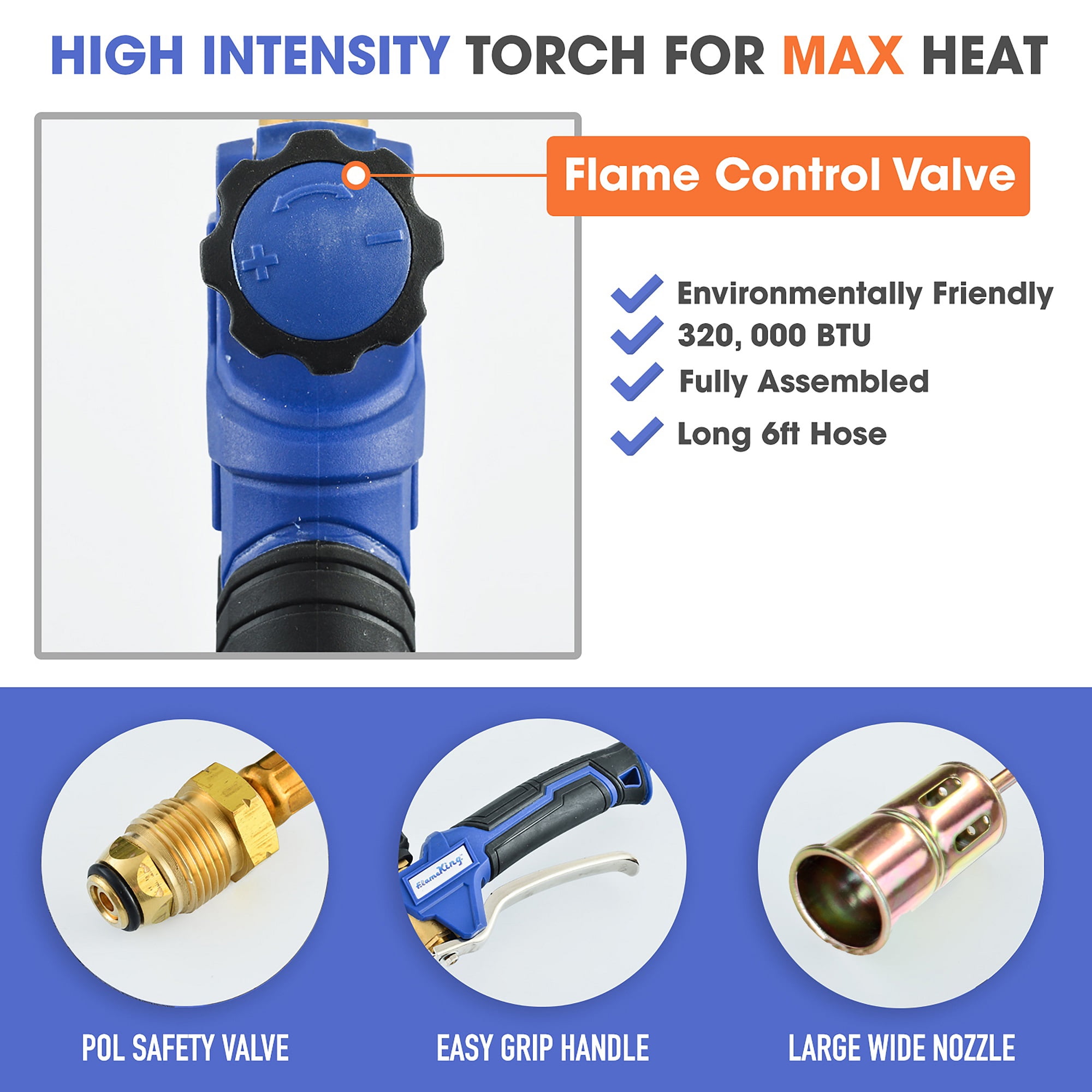 Flame King Propane Torch Kit with 320000 BTU Heavy-Duty Weed Burner and 6-ft Hose & Regulator