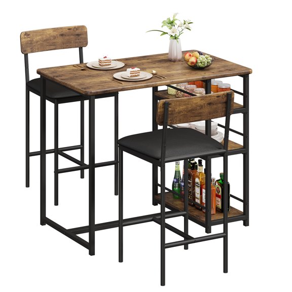 CazToi 3-Storage Shelves & 2 Stools Tall Bar Table Set for 2, Small Space Saving Breakfast Nook Kitchen Table with Padded Cushion Stools Apartment Dining Set for Kitchen Balcony Entryway
