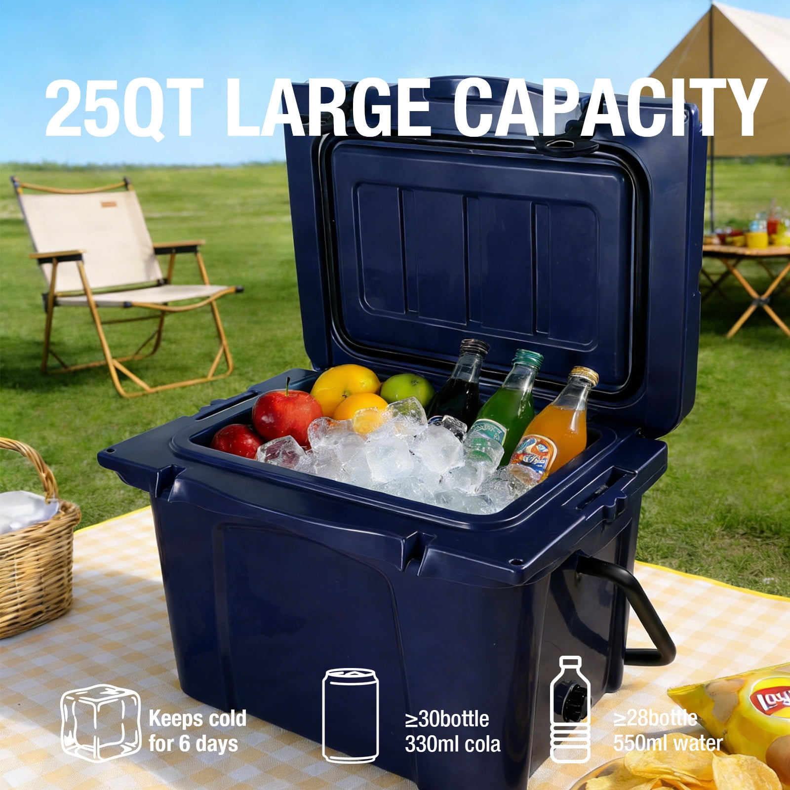 Portable Hard Cooler 25QT, Rotomolded Insulated Cooler Box with Bottle Opener, Heavy Duty Ice Chest with Cup Holder for Camping, Fishing, Beach, Tailgate, Blue