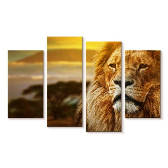 Elephant Stock Lion In African Safari Wall Art - Horizontal Multi Panel Canvas - Living Room Wall Decor - Animal Multi Panel - Orange And Brown Decor - 24" x 14"