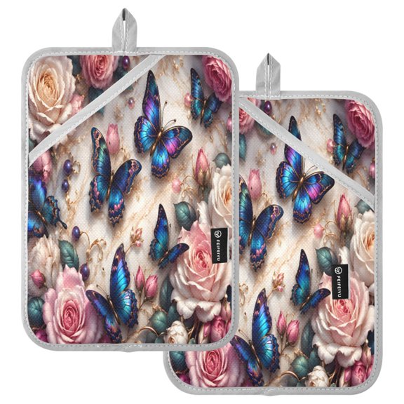 Ryvnso Butterfly Peony Flower Pattern Oven Mitts Heat Resistant Pot Holders Set of 2 Hot Pads