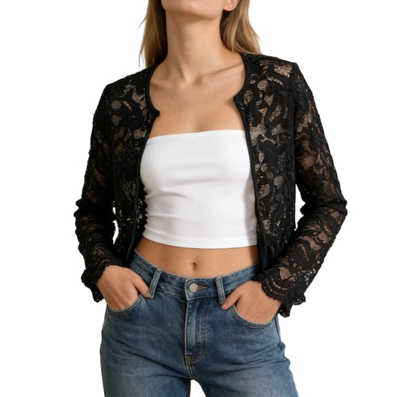 Women's Lace Jacket Sheer Mesh Open Front Cardigan Color Black Size L