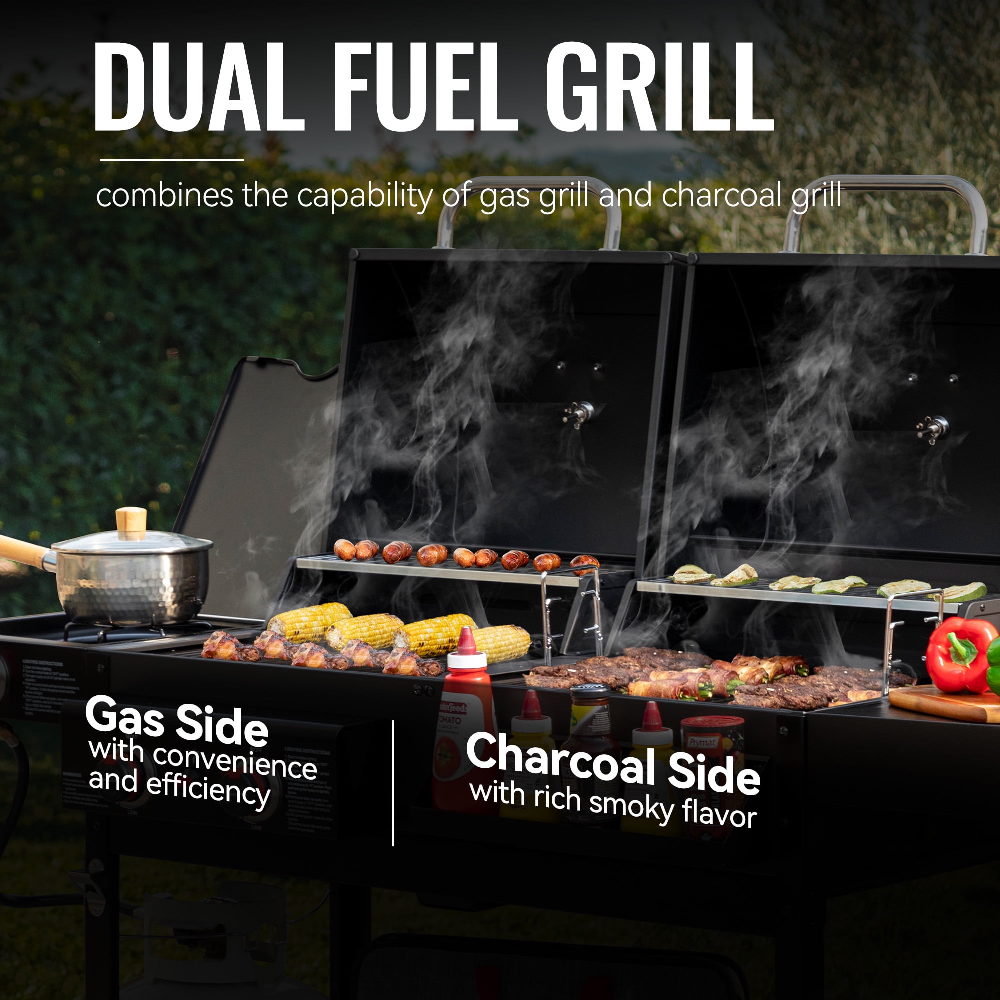 Royal Gourmet ZH3005 2-Burner Gas and Charcoal Combo Grill with Side Burner, 34,000 BTU Dual Fuel Grill for Outdoor Patio Garden Picnic Backyard Cooking, Black