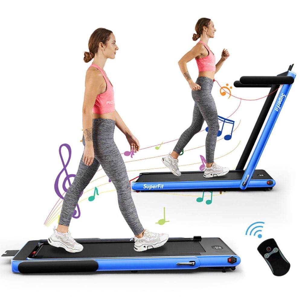 2.25HP 2-in-1 Folding Treadmill, Under Desk Walking Pad with APP, Bluetooth Speaker, Remote, LED Display, 0.6-7.5 MPH, 39.3 x 16 in Shock-Absorbing Belt, 265 lbs Capacity for Home Office Navy