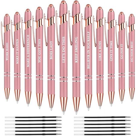 AUAUY 12 PCS Snarky Office Pens, Ballpoint Pens Set with 12 Replacement Refills, 2 in 1 Stylus Pen Stylish Pen, Office Metal Inspirational Pen, Funny Pens for Coworkers, Black Ink 1 mm (Pink)