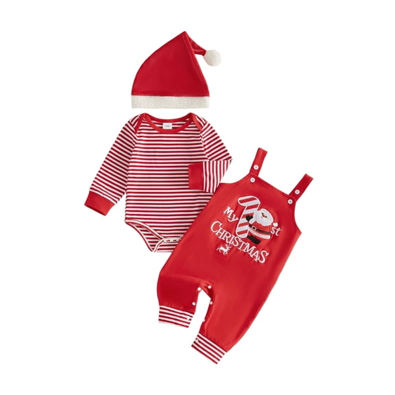 Cjfdfy Newborn Baby Girl Boy Christmas Outfit Three Piece Set My First Christmas Baby Outfit Striped Rompers And Embroidery Overalls With Hat Infant Holiday Fall Winter Outfit