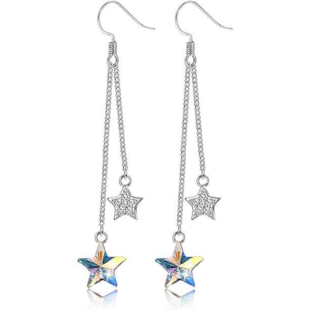 925 Sterling Silver Austria Crystals Blue Star Drop Dangle Earrings For Women 18k Platinum Plated Aurora Crystal Star Tassel Earrings Walmart Com