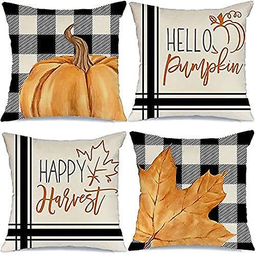 Cubiertas de almohada de otoño 18x18 juego de 4 compatibles con decoración de otoño Buffalo Plaid calabaza hoja de arce almohada de otoño almohadas decorativas de tiro Farmhouse Thanksgi Afortunado Sencillez
