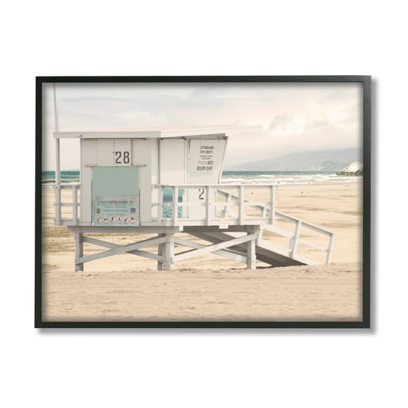 Stupell Industries Lifeguard Hut on Beach Landscape Photography Black Framed Art Print Wall Art, 14 x 11