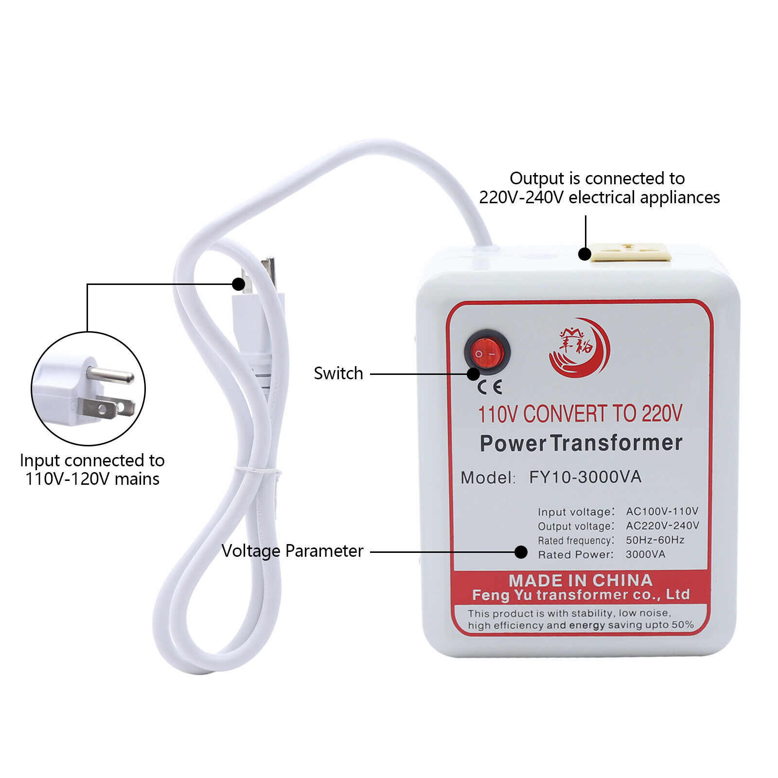 Fichiouy 3000W Transformer Converter from 110V to 220V Step Up Voltage Converter White
