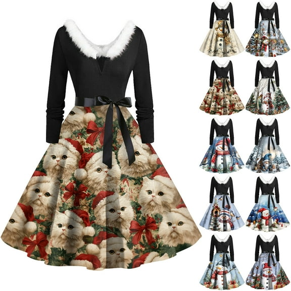 Christmas Print Flare Dress for Women Long Sleeve Dress Hollow Party Casual Dresses, Festive Fall and Winter Wear with V-Neck and Flowy Design,Beige,L