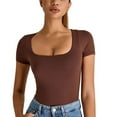 thumbnail image 4 of SWSMCLT Women's Soft T Shirt Fitted Top Basic Scoop Neck Lightweight T-shirt Yoga Summer Cool Workout Thin Spandex Brown Small, 4 of 5