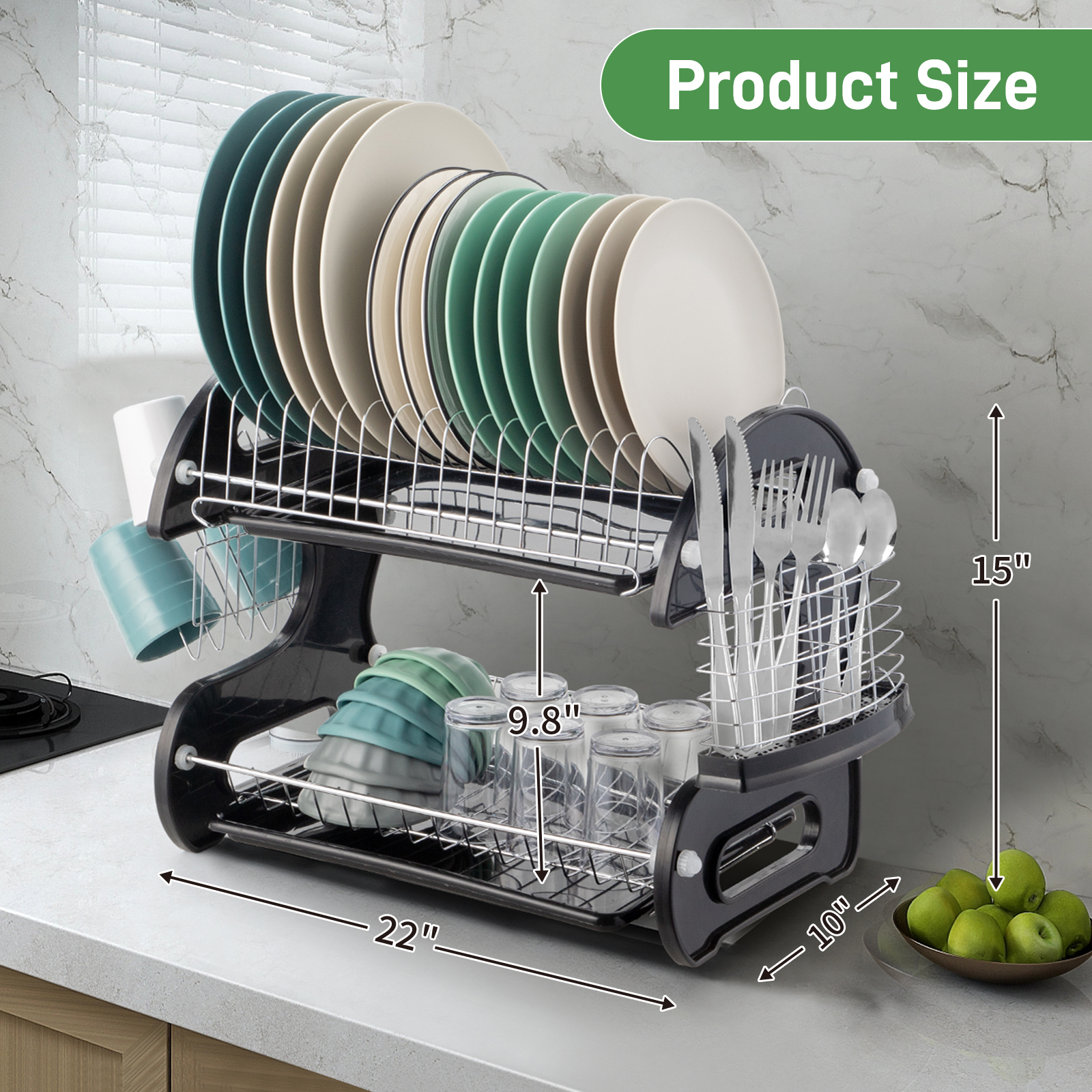 Ktaxon 2 Tier Dish Drainer Drying Rack Large Capacity Kitchen Storage Stainless Steel Holder,Washing Organizer - Overall Dimensions: 22.83" x 11" x 14.57" (L x W x H) - image 2 of 10
