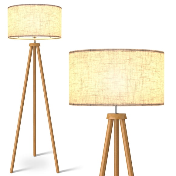 LEPOWER Lampe sur Trépied en Bois, Lampe sur Pied Mi-Siècle, Lumière de Design Moderne pour Salon, Chambre, Salle d'Étude et Bureau, Lampe Couleur Lin