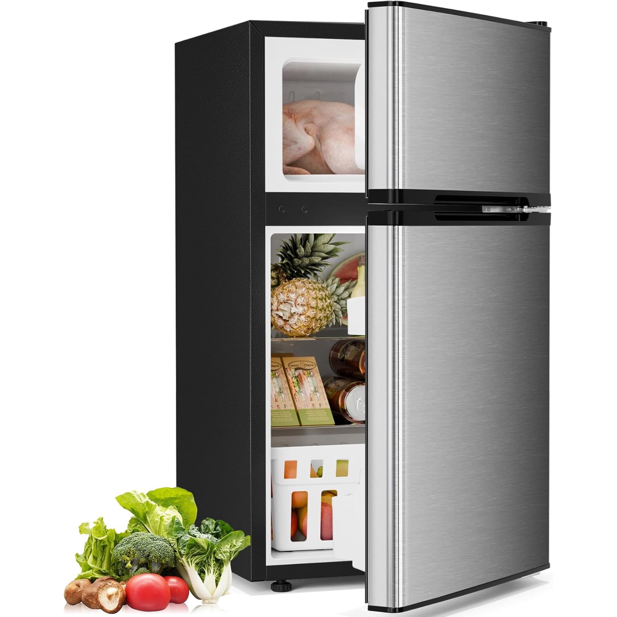 FREE VILLAGE 3.2 Cu.Ft Mini Fridge with Freezer,Compact Mini Refrigerator with Double 2 Door,Adjustable Temperature,Full Size for Home,Kitchen,Dorm,Apartment,Stainless Steel Silver