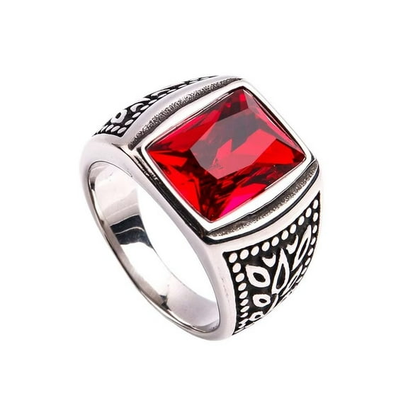 PAURO Vintage Square Agate Signet Ring Stainless Steel Simple Red Gemstone Thumb Ring for Men Silver Size 10