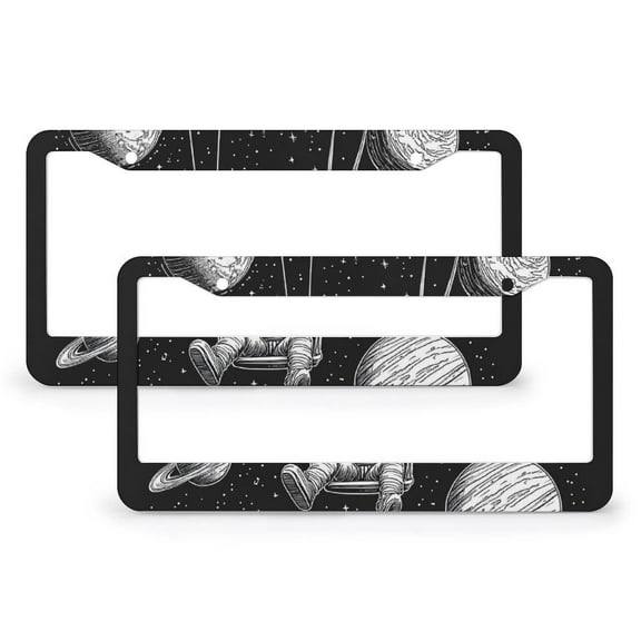2 Pack Astronaut Swinging on A Swing License Plate Frame Cartoon Spaceman Outer Planet Car License Plate Frame Quality Aluminum 2 Holes for Women Men Auto Decoration Hardware