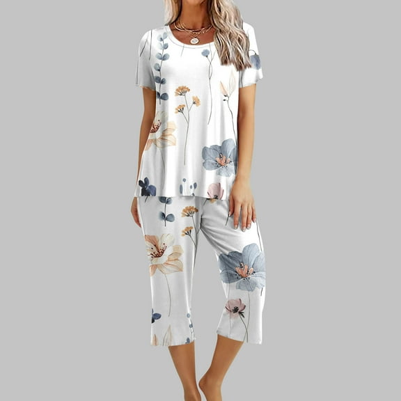 Usmixi Womens 2 Piece Pajamas Vintage Floral Print Sleepwear Outfits Set Short Sleeve Top Capris Pants Homewear Lounge Sets Clearance under $5