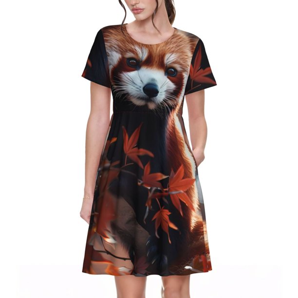 Easygdp Red Panda Autumn Branches para Vestido Transpirable de Mujer, Vestido Suelto de Manga Corta con Pliegues y Bolsillos para el Verano