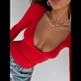 thumbnail image 4 of Tops de Escote en V Profundo para Mujer, Camisetas de Larga A , Camisetas de Punto Ajustadas, Camisetas de Moda de Otoño para Salir, Ropa Rojo S, 4 of 7