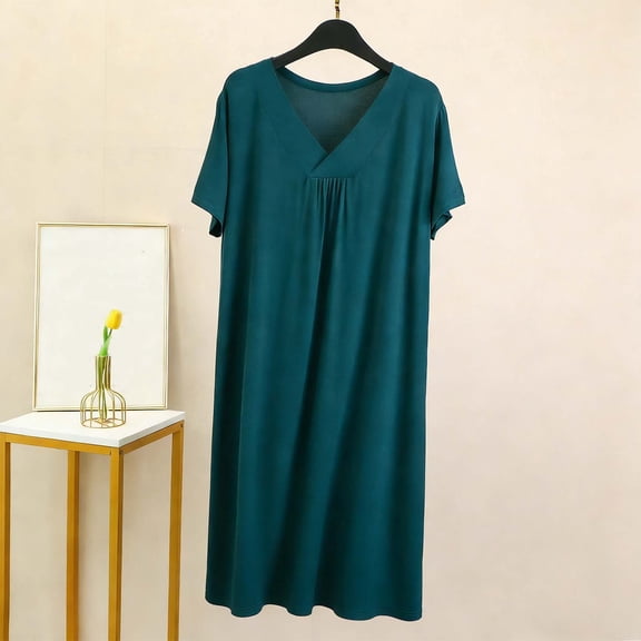 Blmnix Moomoo Nightgowns Nightgowns for Women Sexy Cotton Nightgowns Sleepshirts Sleep Dress Below-the-Knee V-Neck Green Short Sleeve Sleep Dress for Women,XL